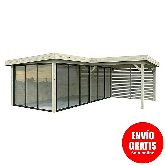 Palmako Caseta de jardín Lenna Set 714 Slide Plus - Medidas ext. (An x Pr): 628 x 628 cm, Madera, Natural - Un cenador moderno con fachadas de vidrio y una extensión abierta con listones horizontales de madera para exteriores.