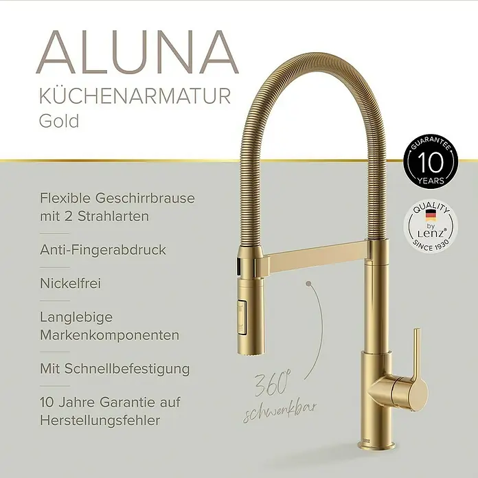 Lenz Spültischarmatur Aluna - Gold, Matt - Abbildung einer goldenen ALUNA Küchenarmatur mit flexibler Geschirrbrause und 10 Jahren Garantie auf Herstellungsfehler.