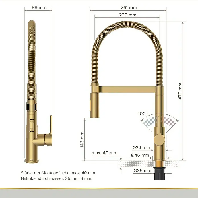 Lenz Spültischarmatur Aluna - Gold, Matt - Abmessungen des goldenen Küchenarmatur-Designs, einschließlich Höhe, Reichweite und Durchmesser der Basis.