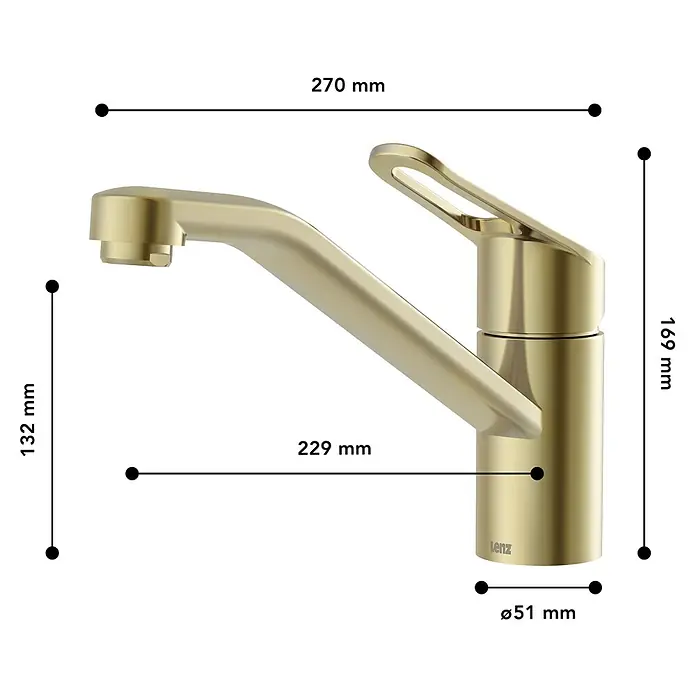 Lenz Spültischarmatur Mila - Gold, Matt - Goldene Waschtischarmatur mit Maßangaben. Die Armatur ist modern und elegant gestaltet und wird durch präzise Abmessungen ergänzt.