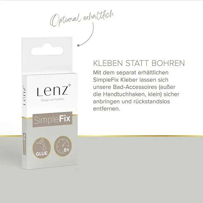 Lenz WC-Kombi-Bürstengarnitur Sivo - 4 -tlg., Graphit - Produktverpackung von Lenz SimpleFix Kleber zum Anbringen von Bad-Accessoires ohne Bohren. Ideal für sichere und rückstandslose Montage.