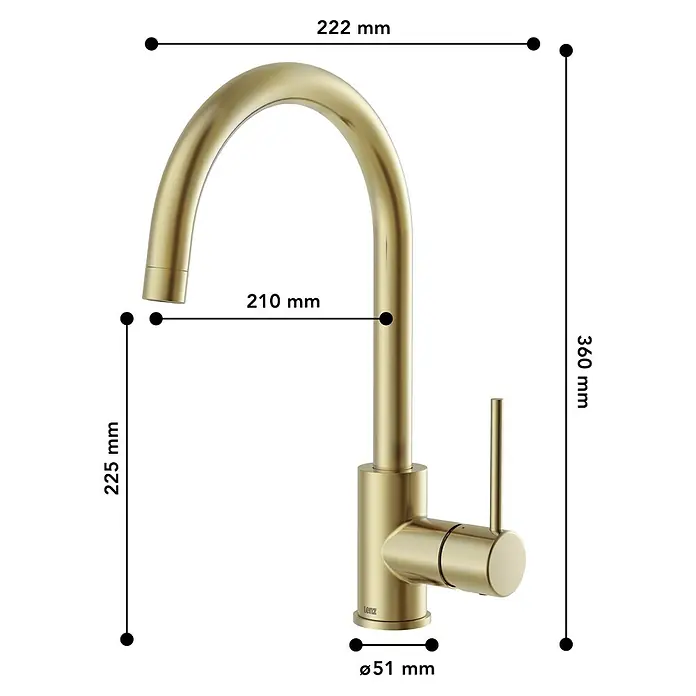 Lenz Spültischarmatur Lio - Gold, Matt - Abbildung einer goldenen Küchenarmatur mit den Maßen 222 mm breit, 360 mm hoch und einem Durchmesser von 51 mm.