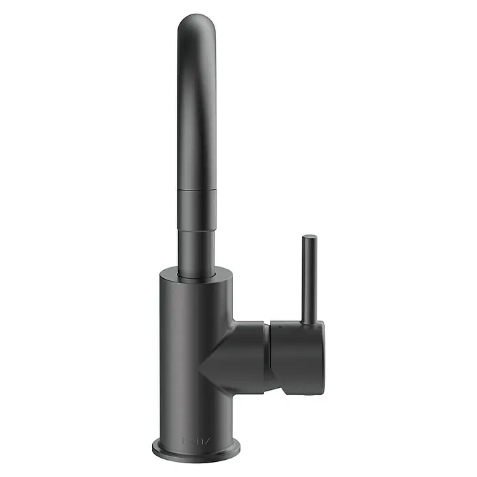 Lenz Waschtischarmatur Moana - Höhe: 24,5 cm, Ausladung Armatur: 171 mm, Graphit, Matt - Nahaufnahme eines modernen, mattschwarzen LENZ-Wasserhahns mit minimalistischem Design und eleganten Linien.