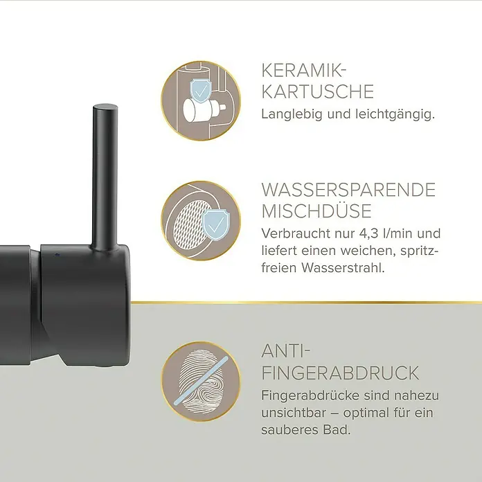 Lenz Waschtischarmatur Moana - Höhe: 24,5 cm, Ausladung Armatur: 171 mm, Graphit, Matt - Produktbild mit Hinweisen zu Keramik-Kartusche, wassersparender Mischdüse und Anti-Fingerabdruck-Eigenschaft.