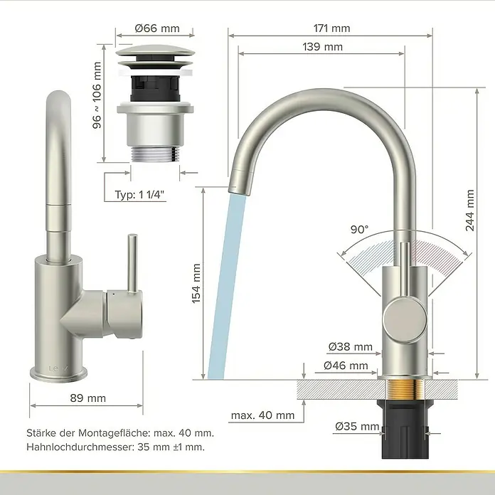 Lenz Waschtischarmatur Moana - Höhe: 24,5 cm, Ausladung Armatur: 171 mm, Edelstahl, Matt - Abbildung eines LEV-Wasserhahns mit Maßen. Ideal für präzise Installationsplanung und Design.
