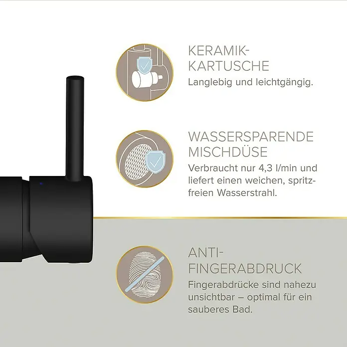 Lenz Waschtischarmatur Moana - Höhe: 24,5 cm, Ausladung Armatur: 171 mm, Schwarz, Matt - Produkteigenschaften eines schwarzen Wasserhahns mit Hinweisen zu Keramik, Wassersparfunktion und Anti-Fingerabdruck.