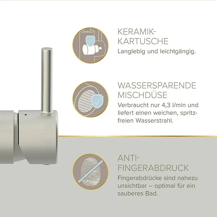Lenz Waschtischarmatur Moana - Höhe: 24,5 cm, Ausladung Armatur: 171 mm, Edelstahl, Matt - Produktbild einer Armatur mit Hinweisen zu Keramik-Kartusche, Wasserdüse und Anti-Fingerabdruck-Beschichtung.