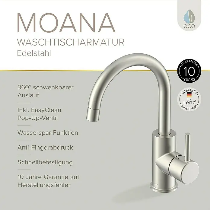 Lenz Waschtischarmatur Moana - Höhe: 24,5 cm, Ausladung Armatur: 171 mm, Edelstahl, Matt - Bild einer Moana Waschtischarmatur aus Edelstahl mit 360° schwenkbarem Auslauf, EasyClean Pop-Up-Ventil und 10 Jahren Garantie.