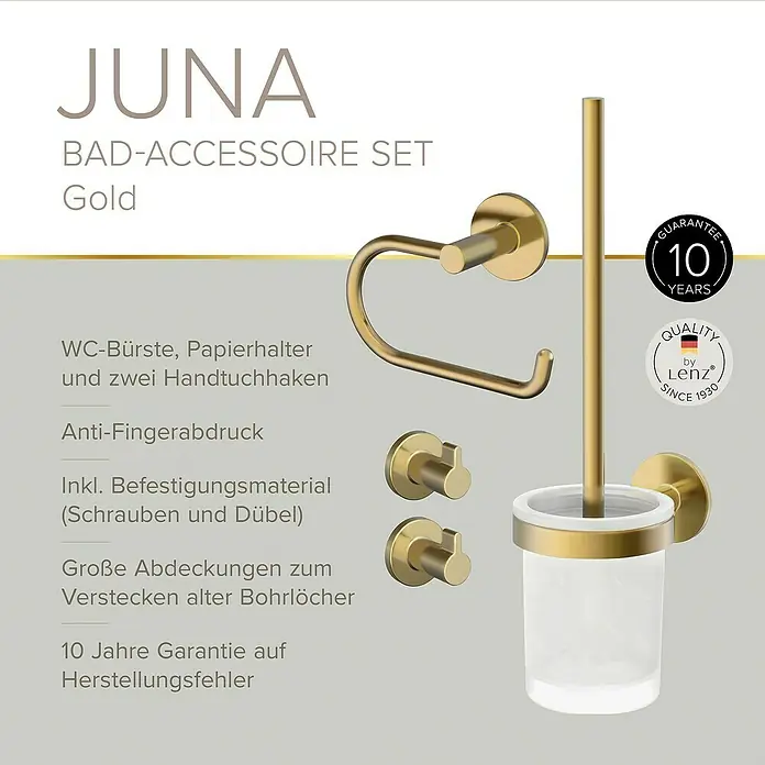 Lenz WC-Kombi-Bürstengarnitur Juna - 4 -tlg., Gold - JUNA Bad-Accessoire Set in Gold bestehend aus WC-Bürste, Papierhalter und Handtuchhaken mit 10 Jahren Garantie.