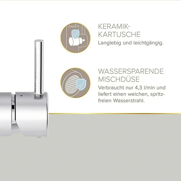 Lenz Waschtischarmatur Moana - Höhe: 24,5 cm, Ausladung Armatur: 171 mm, Chrom, Glänzend - Nahaufnahme einer Armatur mit Hinweisen auf Keramik-Kartusche und wassersparende Mischdüse für effizienten Wasserverbrauch.