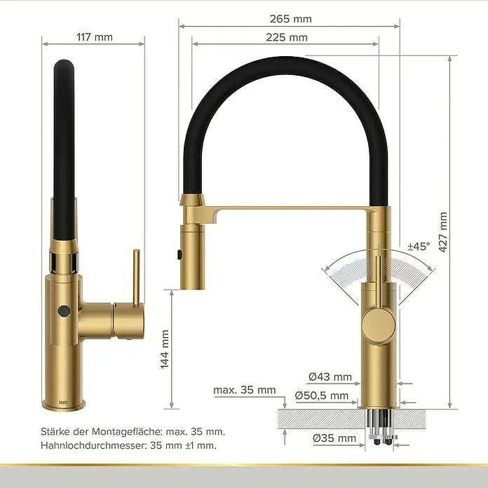 Lenz Spültischarmatur Nalu - Gold, Matt - Produktansicht des Wasserhahns mit Maßangaben zu Höhe, Breite und Durchmesser für Installationsdetails.