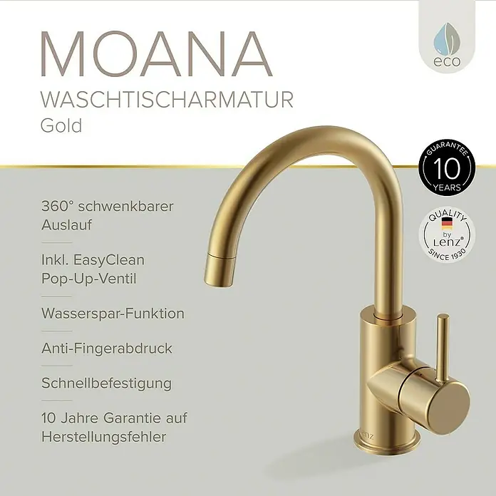 Lenz Waschtischarmatur Moana - Höhe: 24,5 cm, Ausladung Armatur: 171 mm, Gold, Matt - Produktbild: Goldene Waschtischarmatur Moana von Lenz mit 10 Jahren Garantie und Wassersparfunktion.