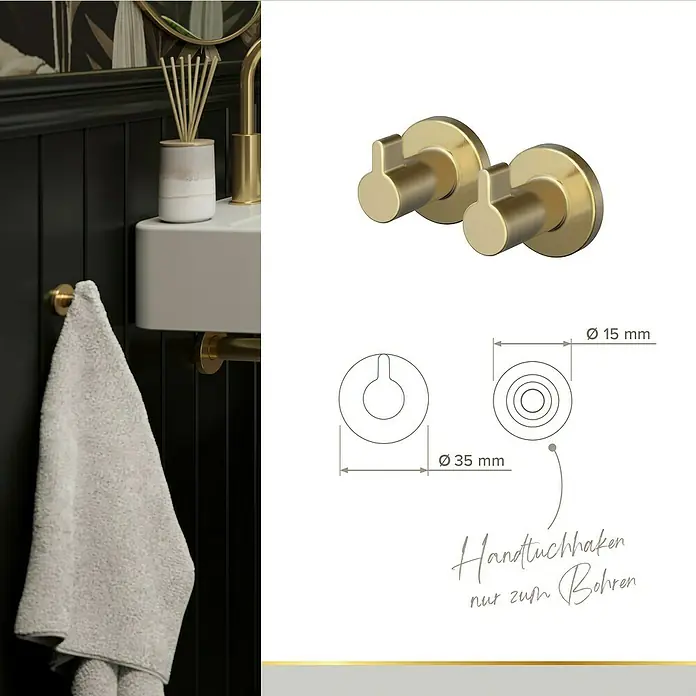 Lenz WC-Kombi-Bürstengarnitur Juna - 4 -tlg., Gold - Goldener Handtuchhaken zur Wandmontage mit technischen Zeichnungen der Abmessungen für die Badgestaltung.