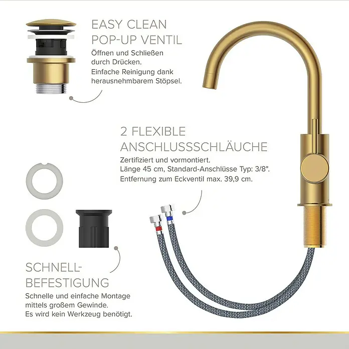 Lenz Waschtischarmatur Moana - Höhe: 24,5 cm, Ausladung Armatur: 171 mm, Gold, Matt - Bild einer goldenen Armatur mit flexiblen Anschlussschläuchen, Pop-up-Ventil und Befestigungselementen für eine einfache Installation.