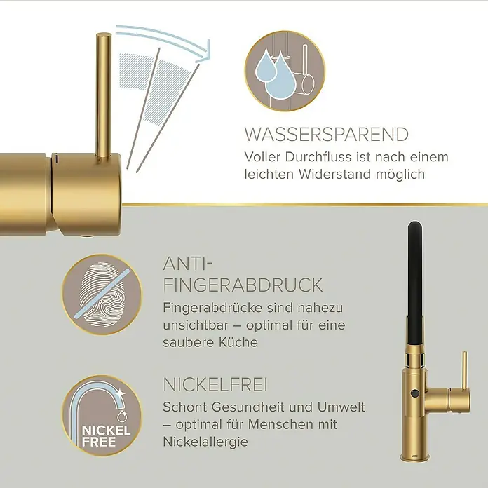 Lenz Spültischarmatur Nalu - Gold, Matt - Das Bild zeigt eine goldene Küchenarmatur mit Hinweisen zu Wassersparfunktion, Anti-Fingerabdruck und Nickelfreiheit.