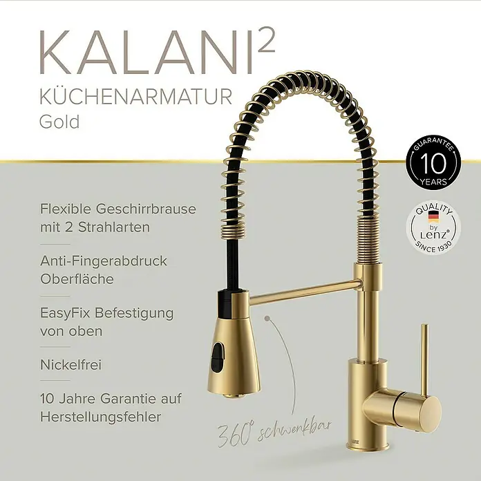 Lenz Spültischarmatur Kalani 2 - Gold, Matt, Höhe: 46 mm, Messing - Abbildung einer goldenen Küchenarmatur KALANI² mit flexiblem Auslauf und Geschirrbrause.