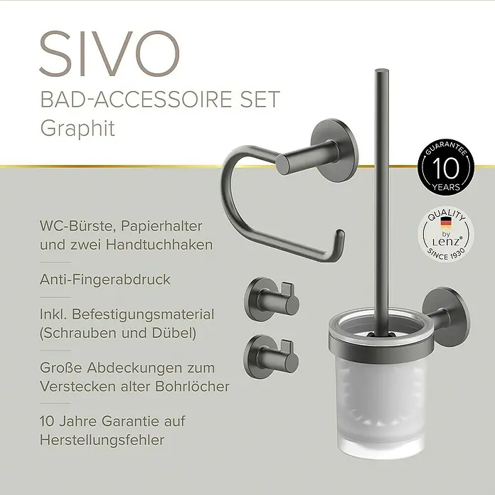 Lenz WC-Kombi-Bürstengarnitur Sivo - 4 -tlg., Graphit - Graphitfarbenes SIVO Bad-Accessoire Set mit WC-Bürste, Papierhalter und Handtuchhaken, ideal für jedes Badezimmer.