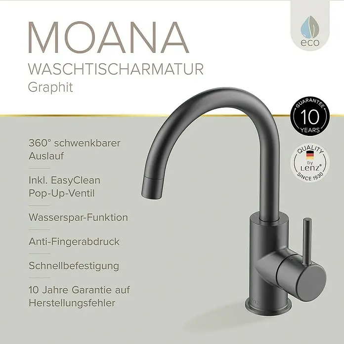 Lenz Waschtischarmatur Moana - Höhe: 24,5 cm, Ausladung Armatur: 171 mm, Graphit, Matt - Abbildung einer graphitfarbenen MOANA Waschtischarmatur mit drehbarem Auslauf, EasyClean Pop-Up-Ventil und Wassersparfunktion.