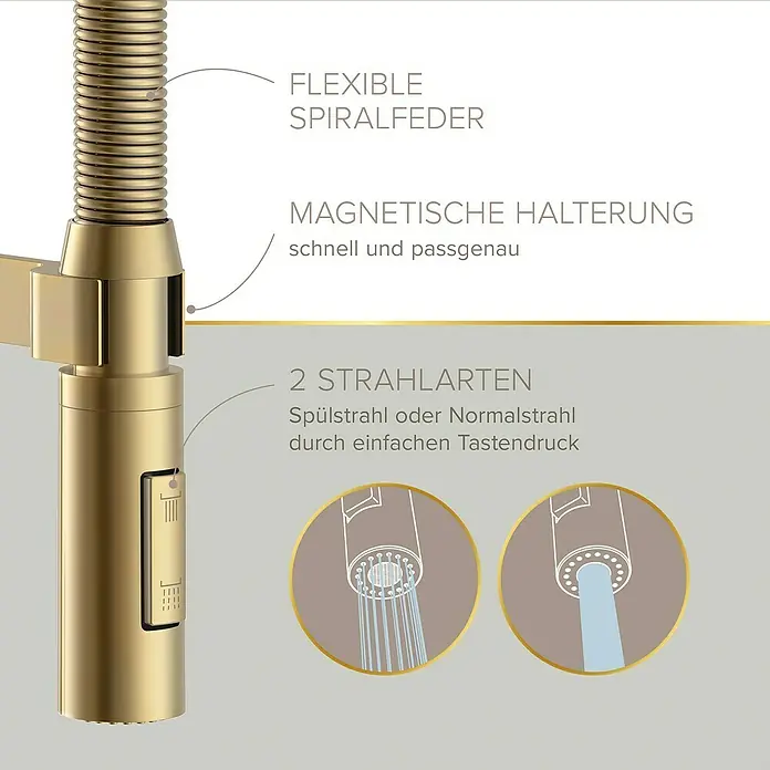 Lenz Spültischarmatur Aluna - Gold, Matt - Nahaufnahme eines goldfarbenen Küchenarmaturkopfes mit verschiedenen Strahlarten und flexiblem Spiralfederdesign.