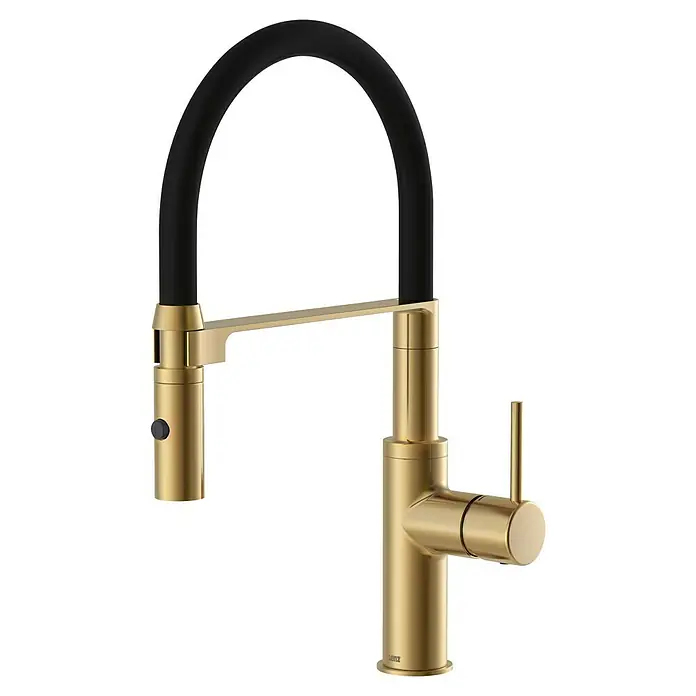 Lenz Spültischarmatur Nalu - Gold, Matt - Elegante Küchenarmatur in Gold mit schwarzem, flexiblem Schlauch. Ein stilvolles und funktionales Design für jede moderne Küche.