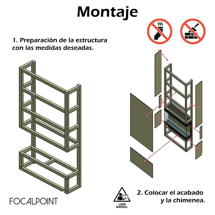 Focalpoint Chimenea eléctrica Ennolux LCD 59 - Negro, 1.400 W, L x An x Al: 21,9 x 152,5 x 53 cm - Imagen de una guía de montaje del producto Focal Point que muestra la preparación de la estructura y la colocación del acabado.