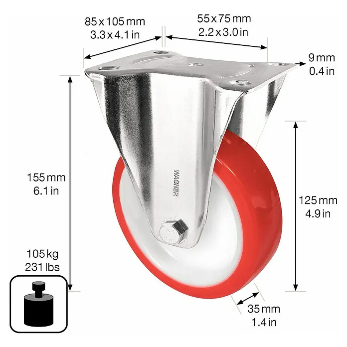 Wagner System Transportgeräte-Bockrolle RO 8825 - Durchmesser Rollen: 125 mm, Traglast: 105 kg, Rollenlager, Mit Platte - Detailaufnahme einer Lenkrolle mit roter Lauffläche und silberner Halterung, inklusive Maßangaben.