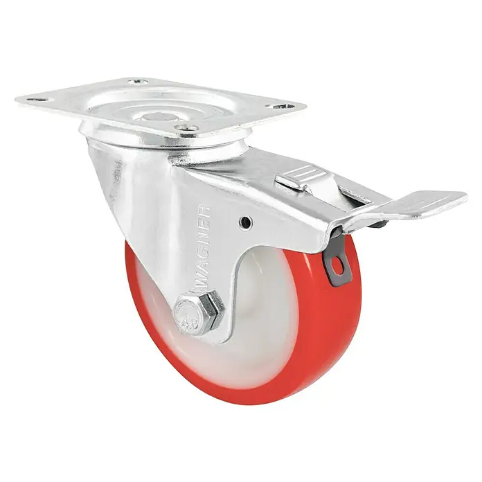 Wagner System Transportgeräte-Lenkrolle RO 7800 - Durchmesser Rollen: 100 mm, Traglast: 75 kg, Rollenlager, Mit Platte und Feststeller - Lenkrolle mit Feststeller von Wagner, robust und vielseitig einsetzbar für Möbel oder Geräte. Die rote Rolle sorgt für leichtes Manövrieren.