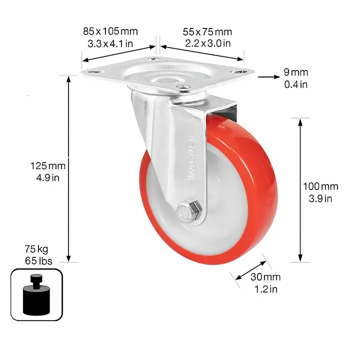 Wagner System Transportgeräte-Lenkrolle RO 6800 - Durchmesser Rollen: 100 mm, Traglast: 75 kg, Rollenlager, Mit Platte - Detailaufnahme einer Lenkrolle mit rotem Rad und Maßangaben für Montageplatte, Rollendurchmesser und Traglast.
