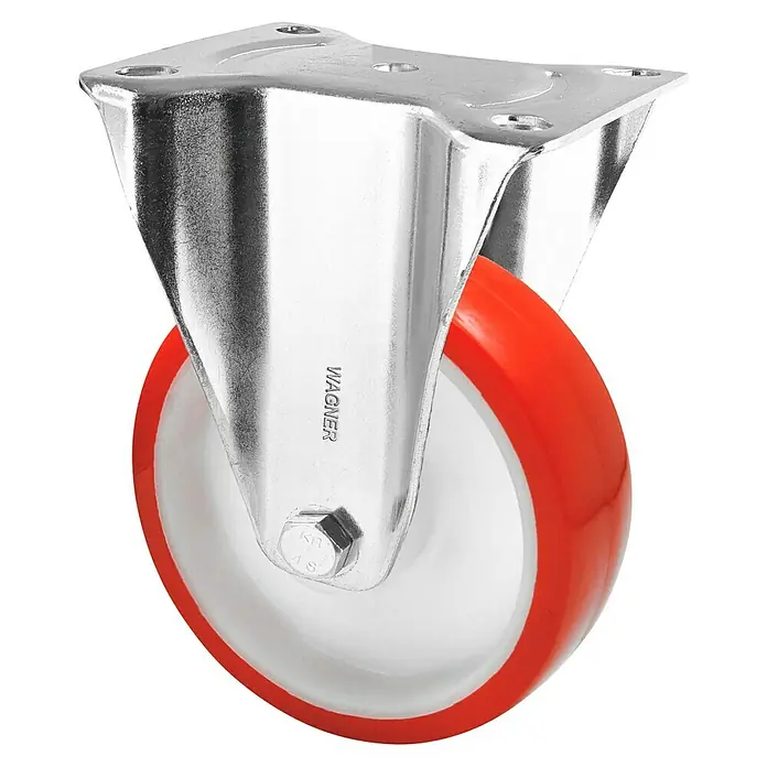 Wagner System Transportgeräte-Bockrolle RO 8800 - Durchmesser Rollen: 100 mm, Traglast: 75 kg, Rollenlager, Mit Platte - Lenkrolle mit rotem Polyurethan-Rad und Stahlgehäuse. Ideal für Industrieanwendungen, bietet hohe Tragfähigkeit und Flexibilität.
