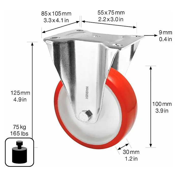 Wagner System Transportgeräte-Bockrolle RO 8800 - Durchmesser Rollen: 100 mm, Traglast: 75 kg, Rollenlager, Mit Platte - Detailaufnahme eines Lenkrollers mit Maßangaben, der eine Traglast von 75 kg hat.