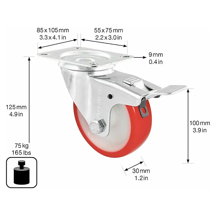 Wagner System Transportgeräte-Lenkrolle RO 7800 - Durchmesser Rollen: 100 mm, Traglast: 75 kg, Rollenlager, Mit Platte und Feststeller - Abbildung eines Lenkrolle mit Bremse, die eine Traglast von 75 kg aushält. Die Rollengröße beträgt 100 mm.