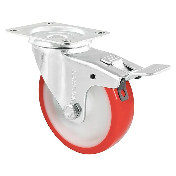 Wagner System Transportgeräte-Lenkrolle RO 7825 - Durchmesser Rollen: 125 mm, Traglast: 105 kg, Rollenlager, Mit Platte und Feststeller - Rote Möbelrolle von Wagner mit Feststellbremse für sicheren Stand, ideal für flexible Mobilität und sicheren Halt von Möbeln im Innenbereich.