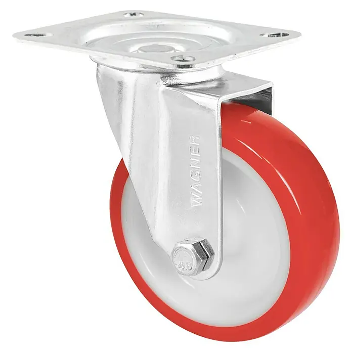 Wagner System Transportgeräte-Lenkrolle RO 6800 - Durchmesser Rollen: 100 mm, Traglast: 75 kg, Rollenlager, Mit Platte - Wagner Lenkrolle mit rotem Rad und silberfarbener Halterung für Möbel und Geräte.