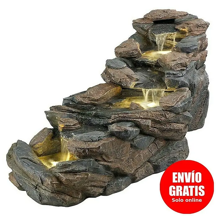 Fuente de jardín LED Chieti - 64 x 63 x 71,5 cm, Gris/Marrón - Fuente decorativa de interior con diseño de piedra multinivel y suave cascada para un ambiente relajante, incluyendo el adhesivo "Envío Gratis".
