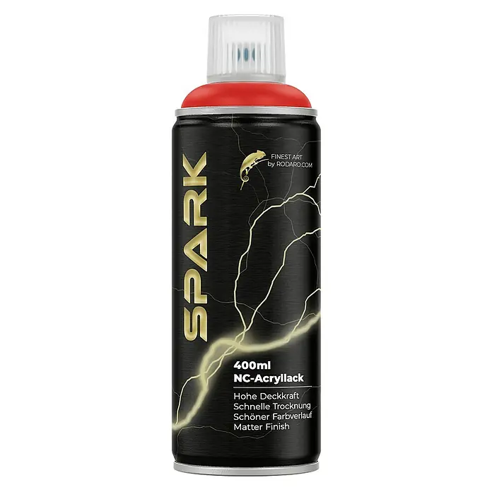 Spark Farbspray Sprühfarbe 400ml Matte Farbe Signalrot - Signalrot, Sprühdose - Nahaufnahme einer Dose SPARK NC-Acryllack Sprühfarbe mit goldenem Schriftzug und Chamäleon-Logo auf schwarzem Grund.
