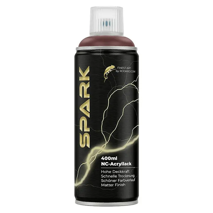 Spark Farbspray Sprühfarbe 400ml Matte Farbe Nussbraun - Nussbraun, Sprühdose - Dose Spark NC-Acryllack mit Chamäleon-Logo und dem Schriftzug "Finest Art by Rodaro.com". Der Hintergrund ist schwarz mit goldenen Blitzen.