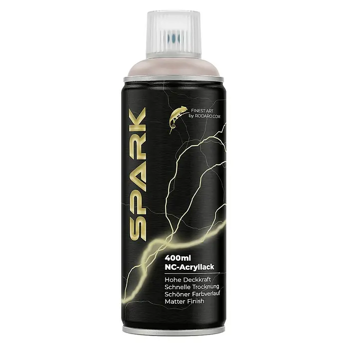 Spark Farbspray Sprühfarbe 400ml Matte Farbe Terrakotta Pastellgrau - Terrakotta Pastellgrau, Sprühdose - Dose Spark NC-Acryllack 400ml in Schwarz mit goldenen Details, ideal für künstlerische Projekte mit hoher Deckkraft und schnellem Trocknen.