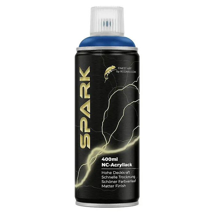 Spark Farbspray Sprühfarbe 400ml Matte Farbe Kobaltblau - Kobaltblau, Sprühdose - Detailansicht einer SPARK NC-Acryllack Spraydose. Hochdeckende, schnelltrocknende Farbe für schöne Farbverläufe und ein mattes Finish.