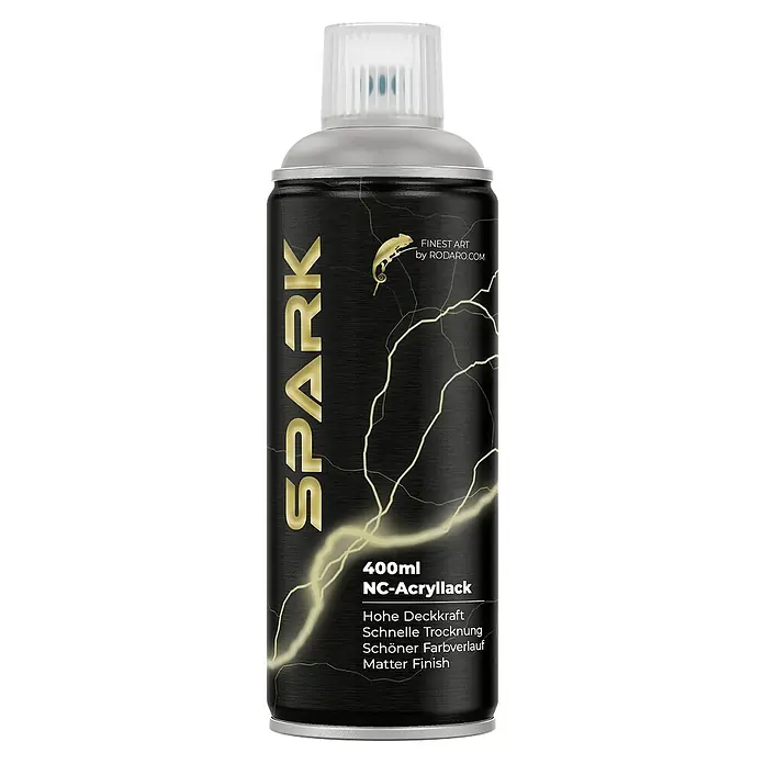 Spark Farbspray Sprühfarbe 400ml Matte Farbe Mittelgrau - Mittelgrau, Sprühdose - Dose SPARK NC-Acryllack, 400ml, mit Chamäleon-Logo und Blitzdesign. Ideal für Kunstprojekte mit hoher Deckkraft und schnellem Trocknen.