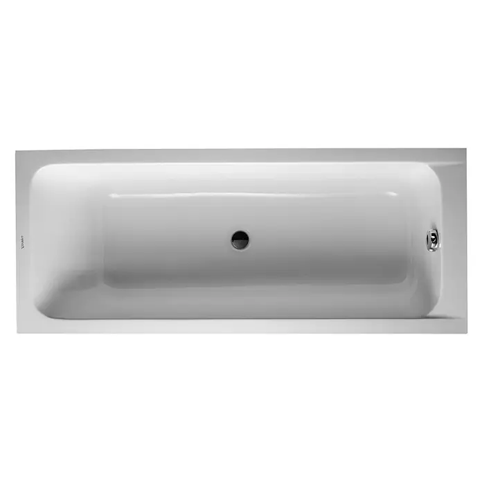 Duravit D-Code Badewanne - 170 x 70 cm, Sanitäracryl, Weiß - Draufsicht auf eine rechteckige Duravit-Badewanne mit Ablauf in der Mitte und Überlauf an einem Ende, ideal für moderne Badezimmer.