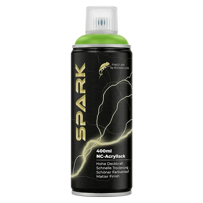 Spark Farbspray Sprühfarbe 400ml Matte Farbe Kiwigrün - Kiwigrün, Sprühdose - Abbildung einer SPARK NC-Acryllack Sprühdose mit goldenen Details und einem Chamäleon-Logo, ideal für Kunstprojekte.