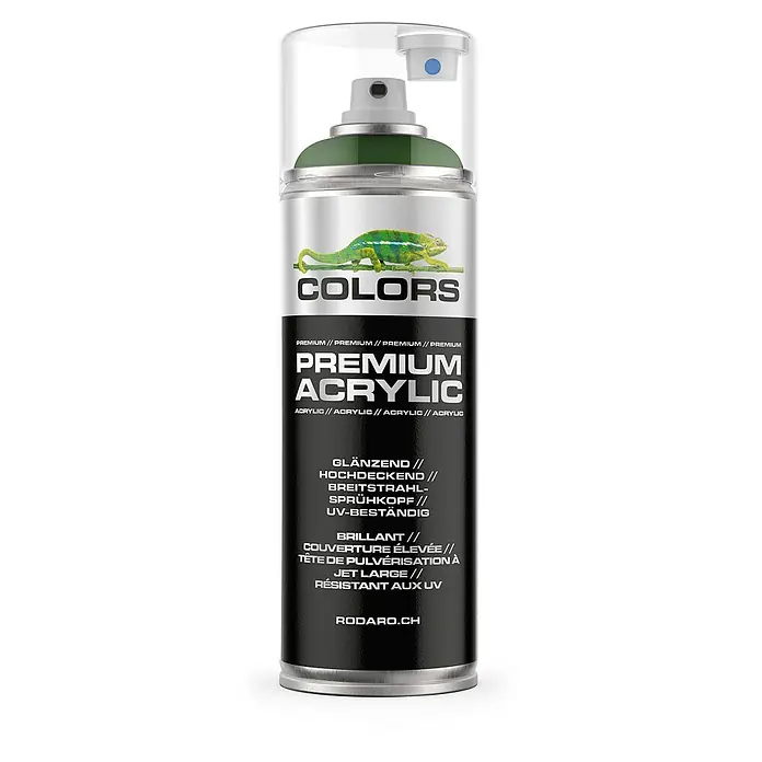 Colors Farbspray Premium Acrylic Sprühfarbe 400ml RAL 6002 Laubgrün Glanz - RAL 6002 - Laubgrün Glanz, Sprühdose - Farbspraydose "Colors Premium Acrylic" mit Chamäleon-Motiv, ideal für glänzende, UV-beständige Oberflächen mit hoher Deckkraft.