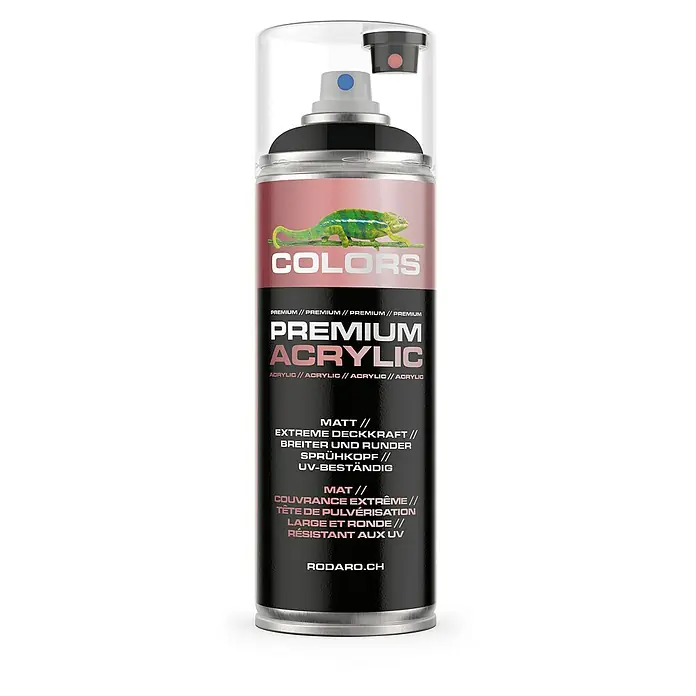 Colors Farbspray Premium Acrylic Sprühfarbe 400ml RAL 9005 Schwarz Matt - RAL 9005 - Schwarz Matt, Sprühdose - Abbildung einer Dose Premium-Acryl-Sprühfarbe der Marke Colors mit Chamäleon-Motiv, ideal für Kunst- und Bastelprojekte.