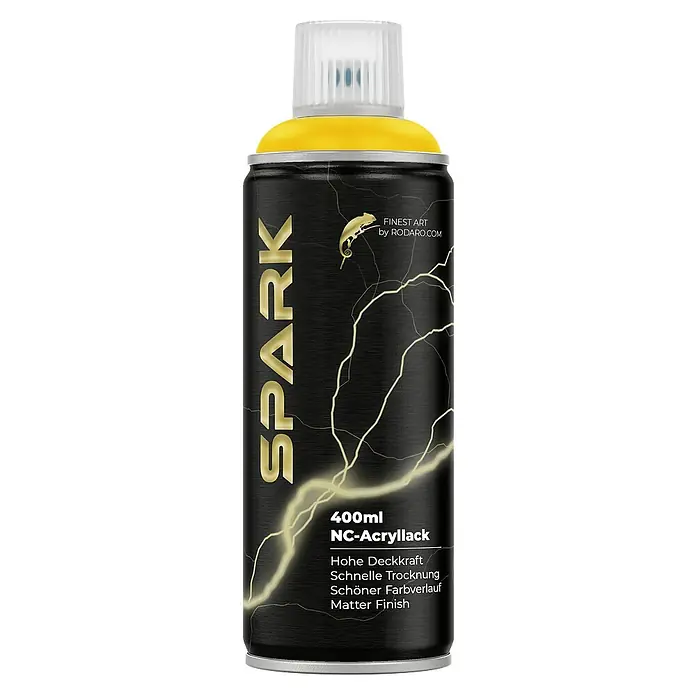 Spark Farbspray Sprühfarbe 400ml Matte Farbe Verkehrsgelb - Verkehrsgelb, Sprühdose - Detailaufnahme einer SPARK 400ml NC-Acryllack Sprühdose in Schwarz und Gelb, ideal für künstlerische Anwendungen und kreative Projekte.