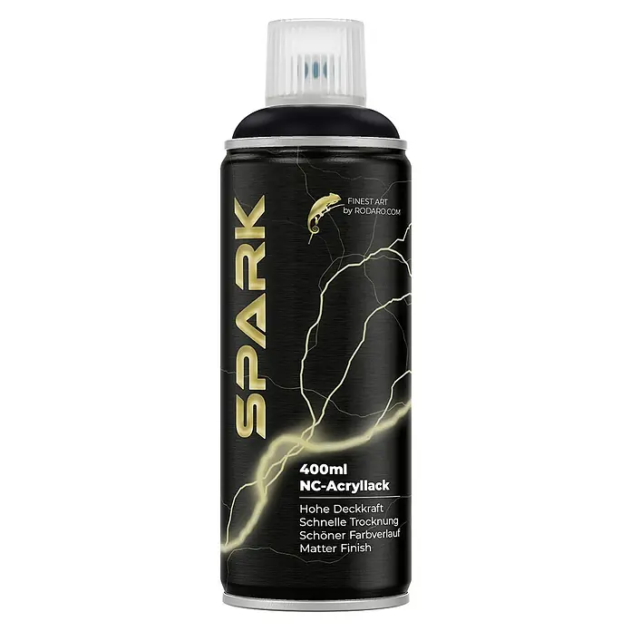 Spark Farbspray Sprühfarbe 400ml Matte Farbe Tiefschwarz - Tiefschwarz, Sprühdose - Schwarze SPARK NC-Acryllack-Sprühdose mit goldenen Akzenten und einem Chamäleon-Logo für hochwertige Kunstprojekte.