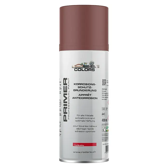 Colors Farbspray Korrosionsschutzgrundierung Sprühlack 400ml Rotbraun - Rotbraun, Sprühdose - Abbildung einer Dose COLORS Primer Rostschutz-Grundierung mit braunem Deckel, ideal für Metalle und mit schneller Trocknung.