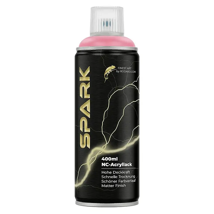 Spark Farbspray Sprühfarbe 400ml Matte Farbe Zartrosa - Zartrosa, Sprühdose - Produktbild einer "Spark NC-Acryllack" Sprühdose in Schwarz und Gold mit pinkfarbenem Deckel.