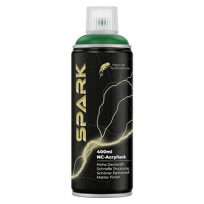 Spark Farbspray Sprühfarbe 400ml Matte Farbe Moosgrün - Moosgrün, Sprühdose - Abbildung einer Dose SPARK NC-Acryllack mit 400 ml Inhalt, die sich ideal für Kunstprojekte eignet und eine matte Oberfläche bietet.