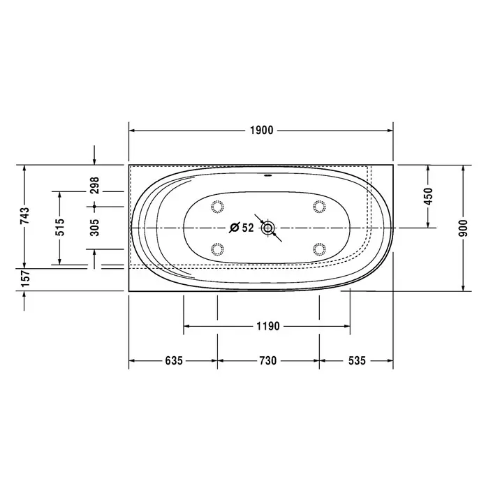 Duravit Cape Cod Badewanne - 190 x 90 cm, Mineralguss, Weiß, Links - Draufsicht einer Badewanne mit Maßangaben. Die Gesamtbreite beträgt 1900 mm, die Tiefe 900 mm und der Abflussdurchmesser 52 mm.