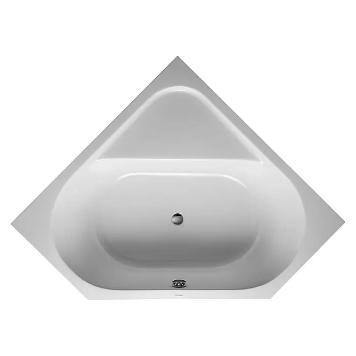 Duravit D-Code Eckbadewanne - L x B: 140 x 140 cm, Sanitäracryl, Weiß - Draufsicht auf eine dreieckige Duravit-Badewanne in Weiß, ideal für kleine Badezimmer. Modernes Design mit glatter Oberfläche.